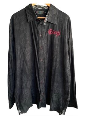 Vintage COOGI Button Down Shirt Black Red Embroidered Logo Long‎ Sleeve XXL